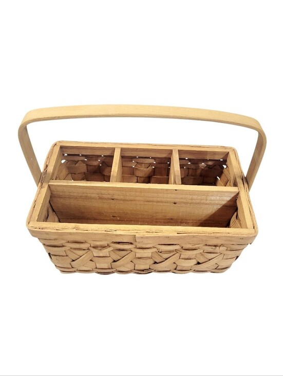 Other - Vintage Woven Wood Divided Basket Caddy Organizer Carry Handle Farmhouse Storage